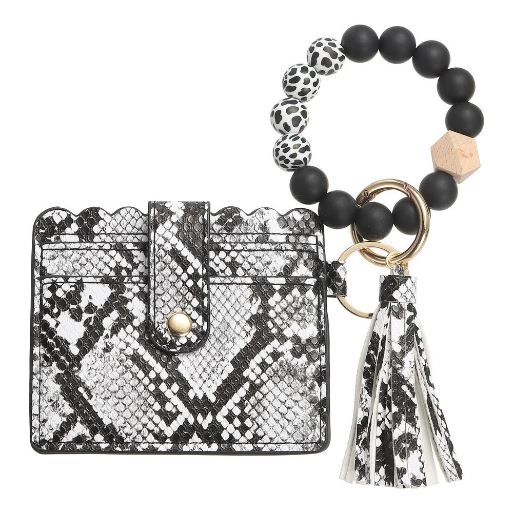 1180 Card Holder Wallet with Silicone Beaded Bracelet, Slim PU Leather